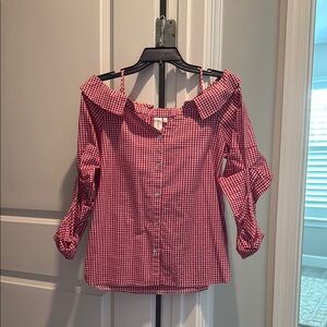 Chic Red and White 3/4 Sleeve Off-Shoulder Blouse